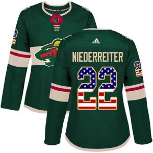 Damen Minnesota Wild Trikot Nino Niederreiter 22 Grün USA Flag Fashion Authentic